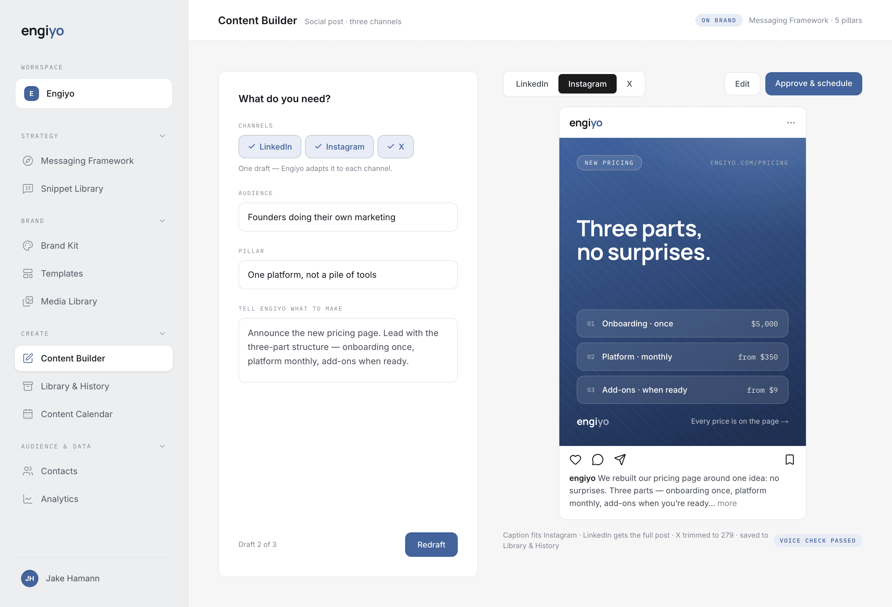 The Engiyo content builder authoring an Instagram post