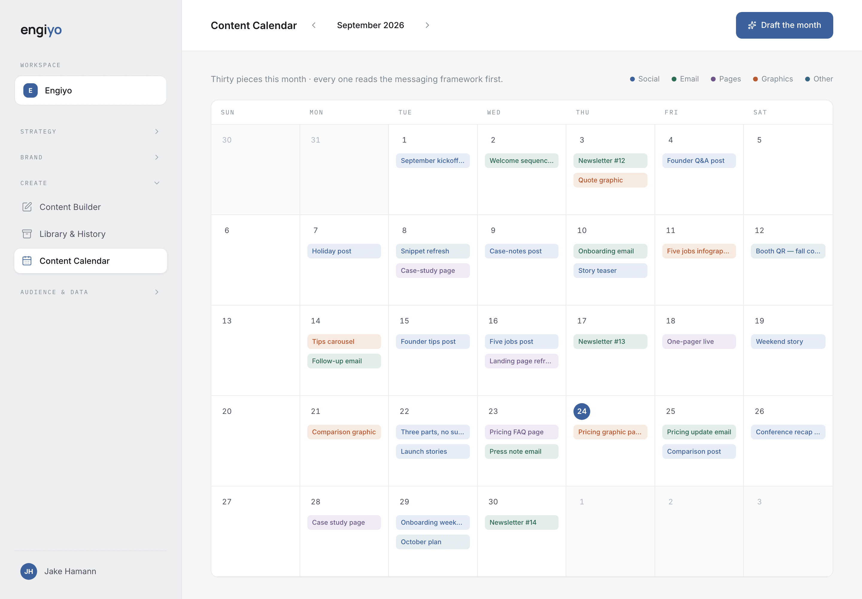 The Engiyo content calendar with a full month planned